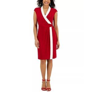 Kasper Women's Red and White Colorblocked Faux-Wrap Cap-Sleeve Dress NWT